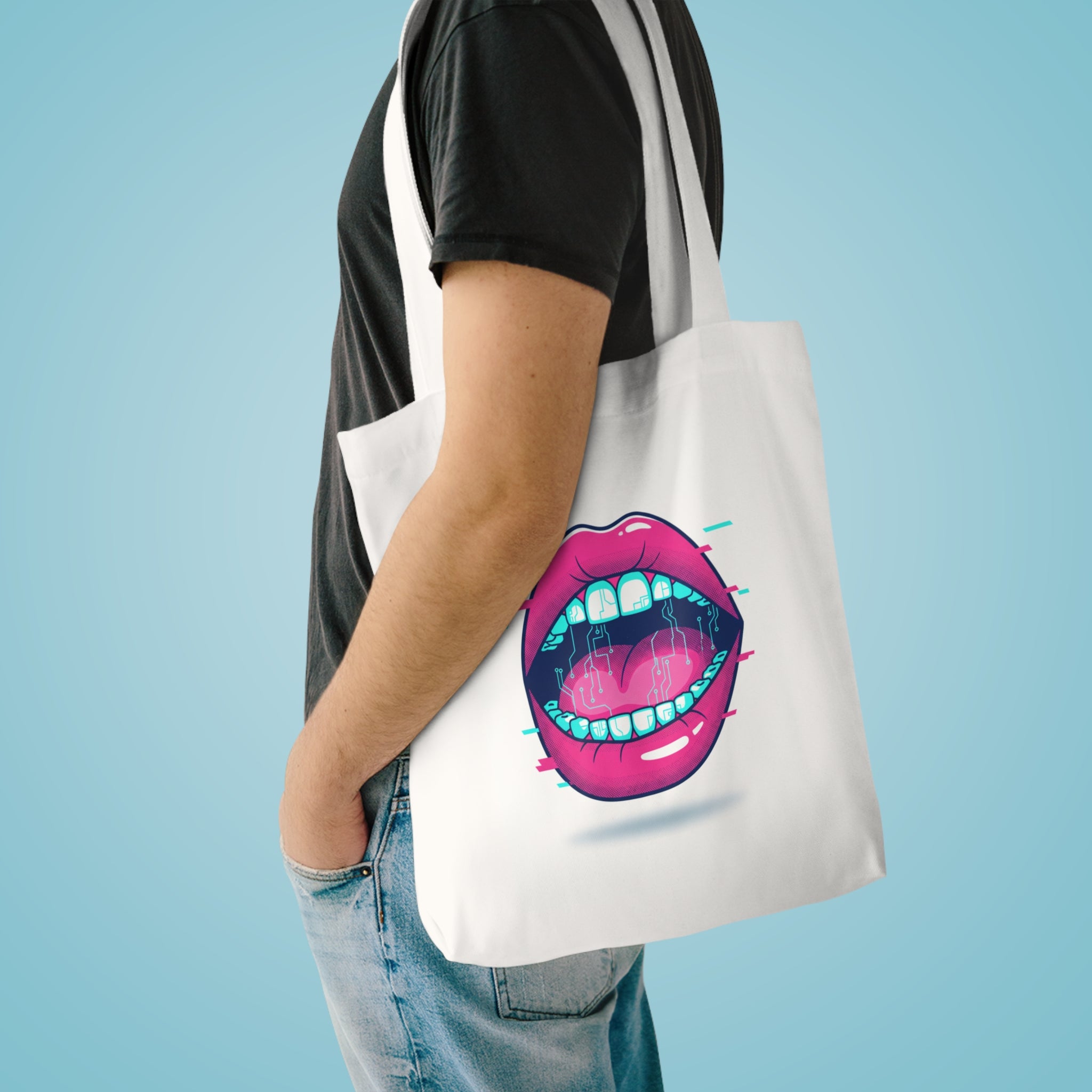 Graphic Tote Bag  Retro Neon Open Mouth Design 100% cotton canvas